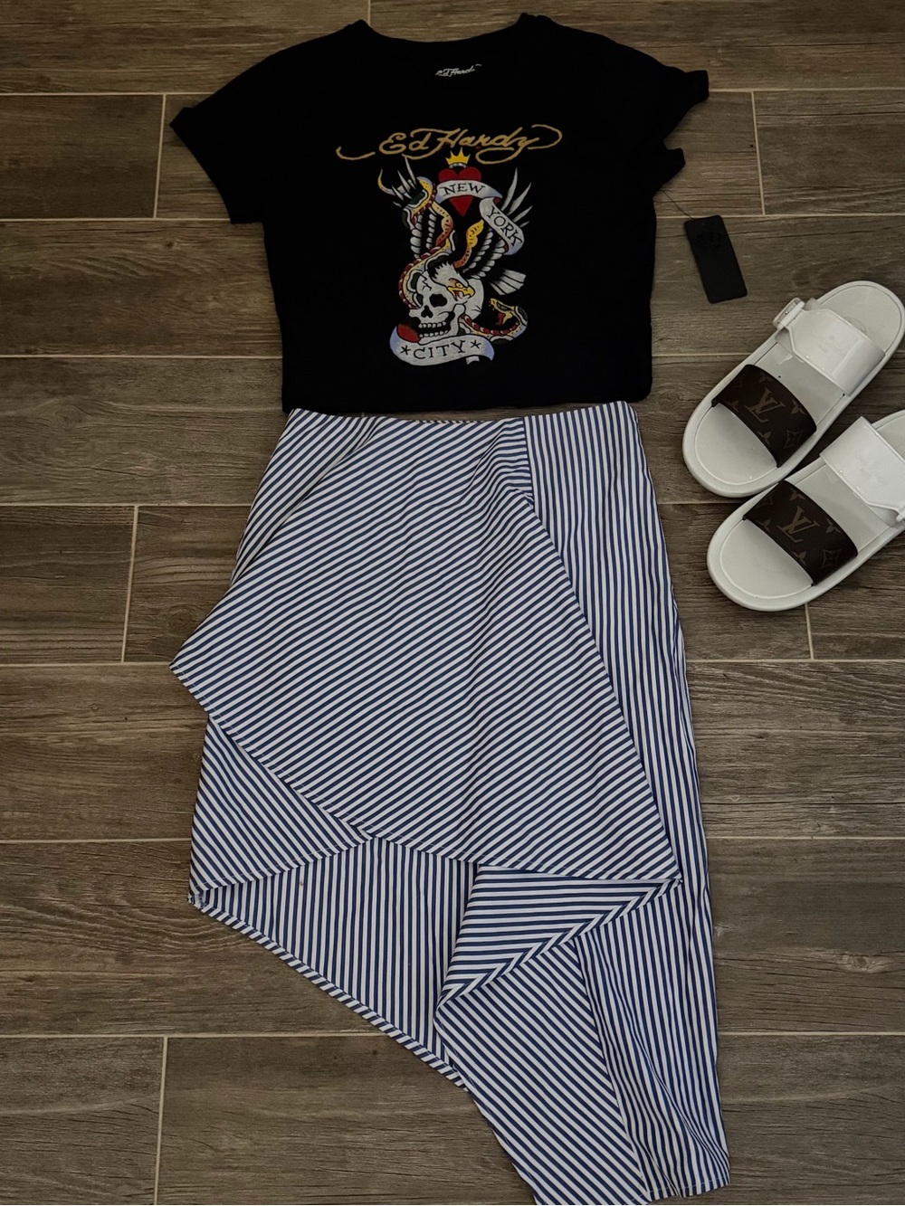 J.O.A. Navy and White Striped Asymmetrical Midi Skirt size XS